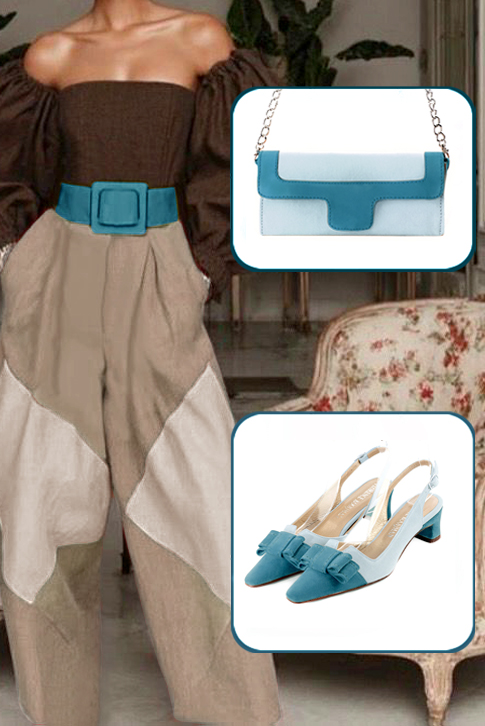 Women's peacock blue and sky blue elegant slingback heels, with a bow on the front. Tapered toe. Low kitten heels - Top view